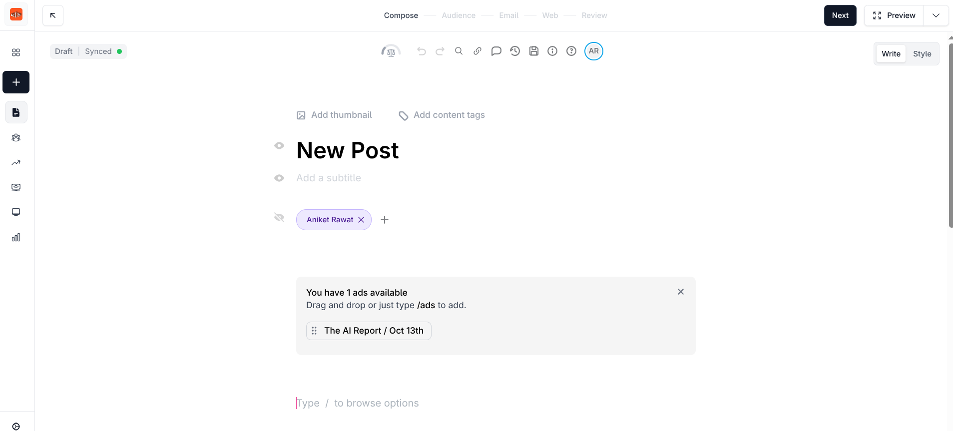 beehiiv article editor