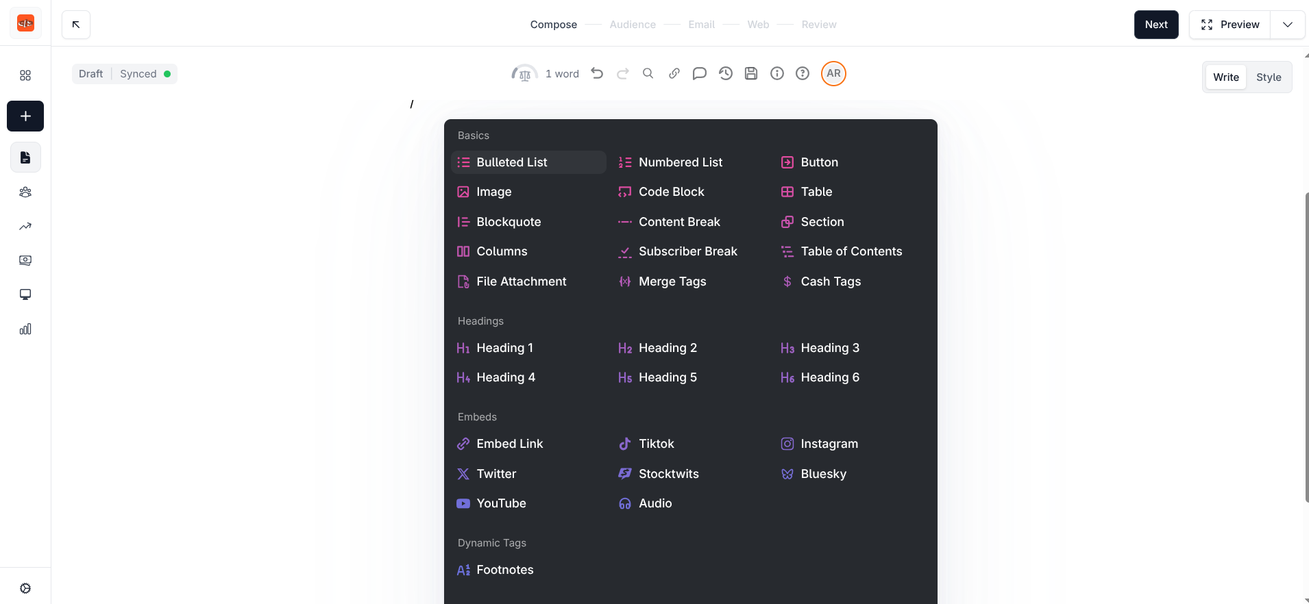 beehiiv editor features