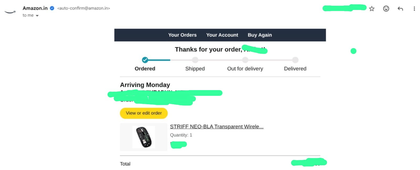 amazon order conformation mail