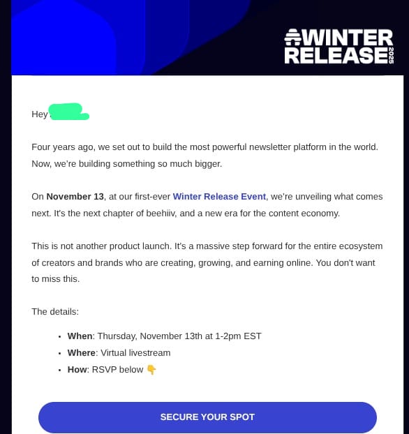 beehiiv milestone email