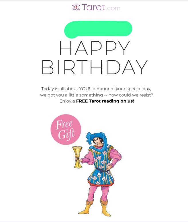 tarot birthday email